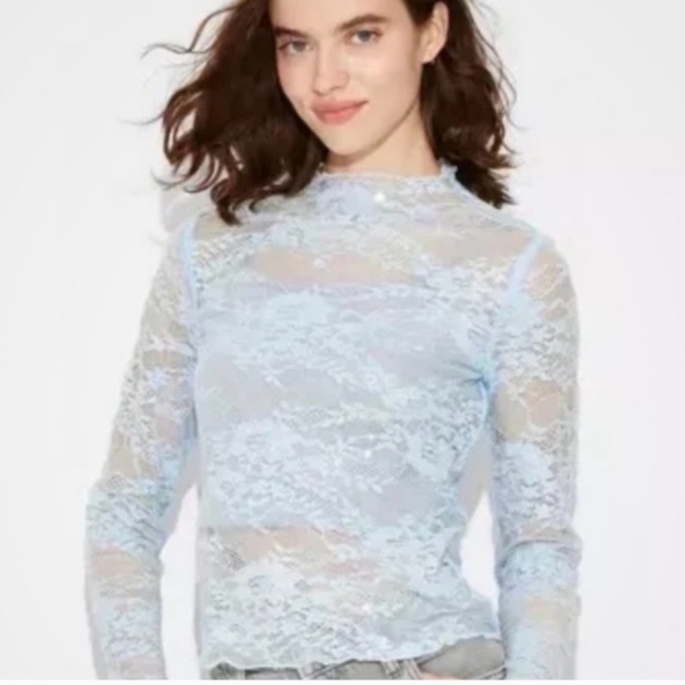 Wild Fable Light Blue Sheer Floral Lace Sequin long sleeve crew neck Top -